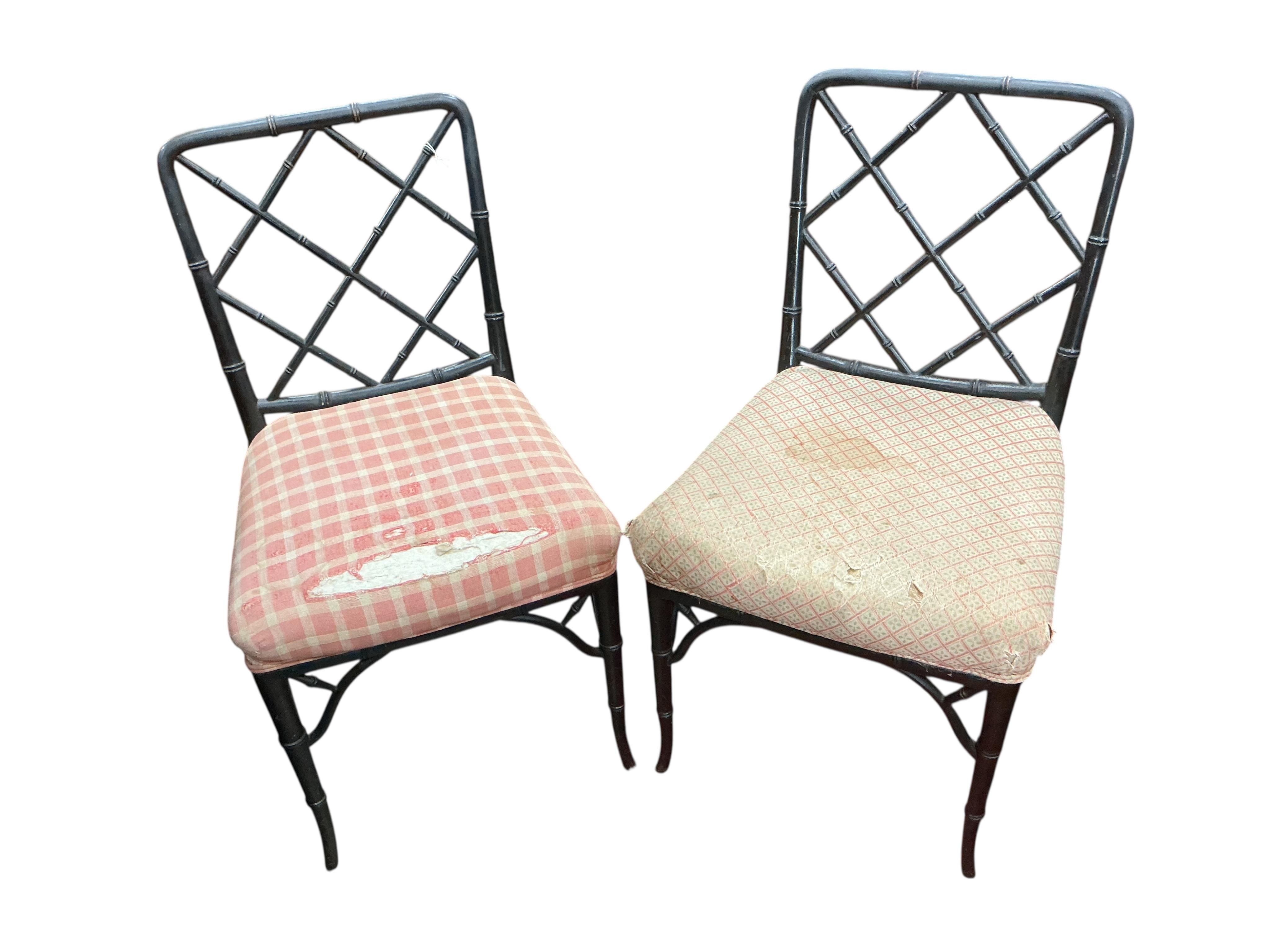 A pair of Regency style painted faux bamboo chairs, width 46cm, depth 45cm, height 90cm together with a similar circular coffee table